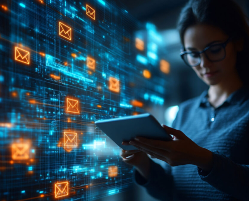 woman viewing tech data on tablet