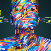 illustration of person with rainbow projected on their head & shoulders