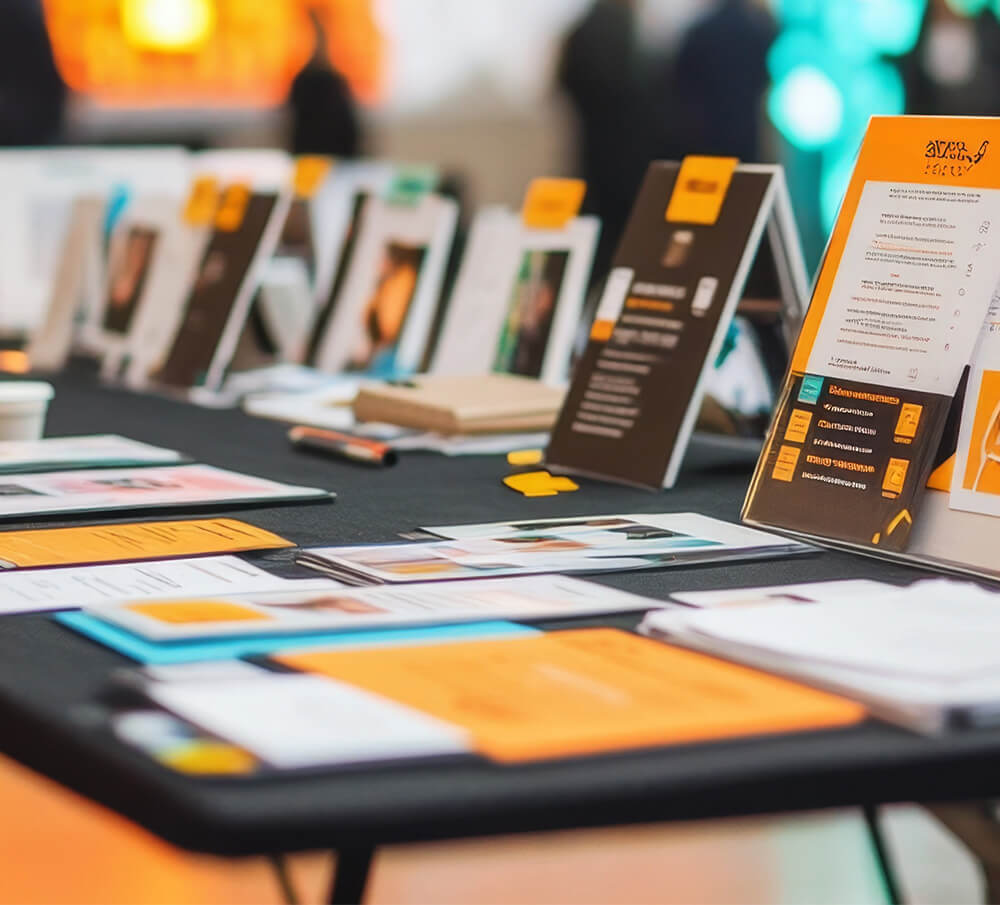 Branded trade show material on a table Branded trade show material on a table