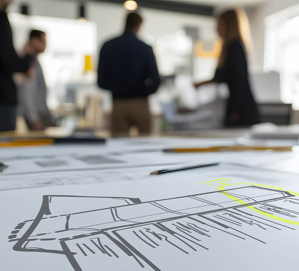 conceptional drawing on a piece of paper with professionals in the background conceptional drawing on a piece of paper with professionals in the background