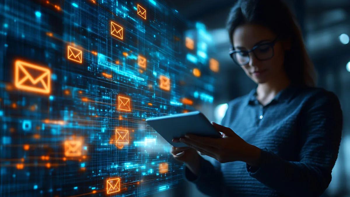 woman viewing tech data on tablet